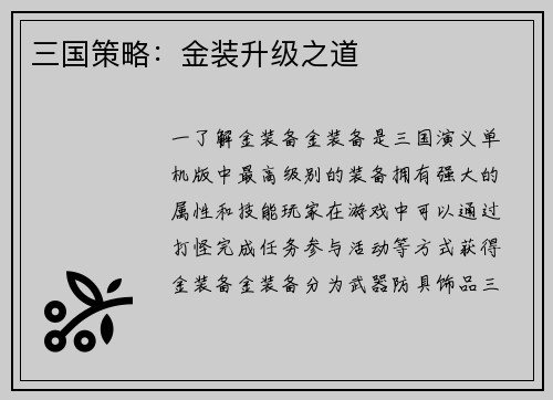 三国策略：金装升级之道
